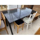 A PINE COFFEE TABLE, BENTWOOD CHAIR AND A BLACK GLASS TOPPED DINING TABLE