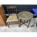 A FOLDING TABLE WITH BRASS TOP AND A MAHOGANY DINING CHAIR