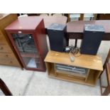 A MAHOGANY EFFECT CABINET CONTAINING A SONY STEREO SYSTEM WITH SPEAKERS AND A TEAK EFFECT CONTAINING