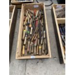 A WOODEN BOX OF VARIOUS TOOLS