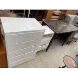 A WHITE PAINTED CHEST OF DRAWERS, BEDSIDE TABLE AND SMALL DESK