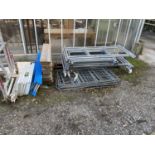 VARIOUS SCAFFOLDING, SCAFFOLD PLANKS, SHELVING, TWELVE PLASTIC GARDEN CHAIRS ETC