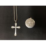 SILVER HALLMARKED LARGE ST CHRISTOPHER PENDANT TOGETHER WITH A CROSS AND CHAIN. TOTAL GROSS WEIGHT