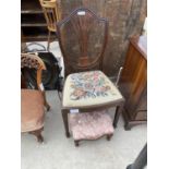 A SMALL VICTORIAN STOOL AND A MAHOGANY DINING CHAIR WITH TAPESTRY SEAT