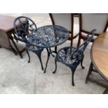 A CAST METAL GARDEN TABLE WITH TWO CHAIRS