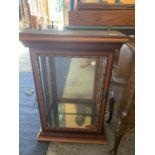 A SMALL WALL MOUNTED GLASS DISPLAY CABINET WITH FOUR GLASS SHELVES, GLASS-STYLE MADE IN CHESHIRE