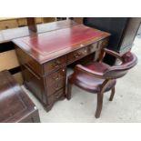 A MAHOGANY DESK WITH NINE DRAWERS, RED LEATHER WRITING SURFACE AND MATCHING STUDDED LEATHER CHAIR