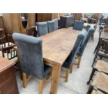 A MODERN LARGE PINE FARMHOUSE STYLE DINING TABLE AND EIGHT UPHOLSTERED CHAIRS