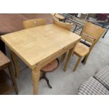 A MODERN KITCHEN TABLE, THREE CHAIRS AND A MAHOGANY WINE TABLE