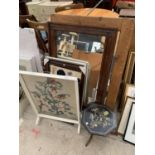 VARIOUS ITEMS TO INCLUDE A SMALL ORIENTAL STYLE TABLE, FIRE SCREEN, PICTURES AND WOODEN FRAMED