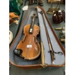 A CASED VIOLIN WITH BOW NO STRINGS