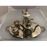 A SILVER PLATE COFFEE POT, TEAPOT, SUGAR AND MILK ON A TRAY