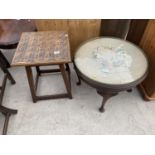 A CARVED MAHOGANY OCCASIONAL TABLE AND A CIRCULAR MAHOGANY COFFEE TABLE ON CABRIOLE SUPPORTS