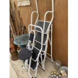 TWO SETS OF METAL STEP LADDERS AND A TUBULAR METAL STOOL
