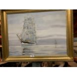 A GILT FRAMED OIL ON CANVAS OF A GALLEON SIGNED ALMA PRICE