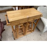 A PINE BUTCHERS BLOCK STYLE KITCHEN CABINET HOUSING TWO STOOLS