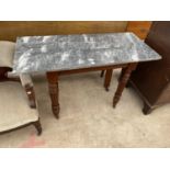 A VICTORIAN MAHOGANY SIDE TABLE WITH MARBLE TOP