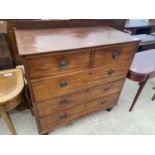 A NINETEENTH CENTURY MAHOGANY CHEST OF TWO SHORT AND THREE LONG DRAWERS ON TURNED LEGS