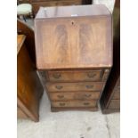 A SMALL INLAID MAHOGANY BUREAU WITH FALL FRONT AND FOUR DRAWERS