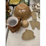 TWO MASON CASH BOWLS, A TERRACOTTA AND THREE BROWN BAG COOKIE ART MOULDS