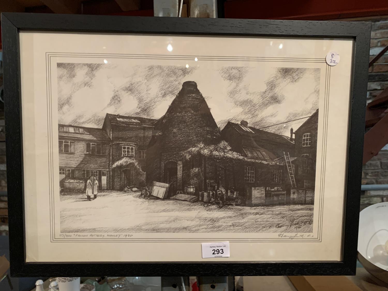 A FRAMED LIMITED EDITION PRINT OF THE FALCON POTTERY, HANLEY 117/800