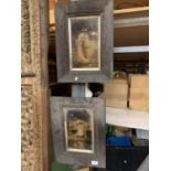A PAIR OF DECORATIVE WOODEN FRAMED PICTURES OF MOTHER AND DAUGHTER