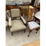 A VICTORIAN MAHOGANY ARM CHAIR AND TWO DINING CHAIRS