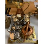 A QUANTITY OF MIXED BRASS, COPPER WARE, SILVER PLATE AND STAINLESS STEEL TO INCLUDE JUG, STAND,