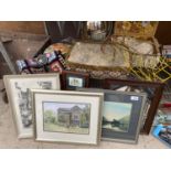 VARIOUS PICTURES , MIRROR, SEWING BOX ETC