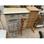 TWO TOWEL RAILS, A BEECH EFFECT CUPBOARD AND A VINTAGE KITCHEN CABINET