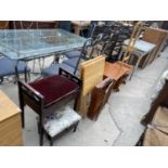 AN EDWARDIAN PIANO STOOL, SMALL STOOL, TWO MAGAZINE RACKS, TWO FOLDING TABLES, SIDE TABLE, AND