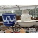 A LARGE JASPERWARE PLANT POT AND A CERAMIC BOWL AND JUG