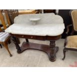 A VICTORIAN MAHOGANY WASHSTAND WITH SINGLE DRAWER AND MARBLE TOP