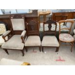 A VICTORIAN MAHOGANY CHAIR, TWO MAHOGANY LOW CHAIRS AND A BEDROOM CHAIR