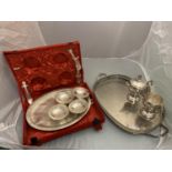A CASED EPNS BOWL AND SPOON SET (ONE SPOON MISSING) AND TRAY WITH MILK AND SUGAR BOWL
