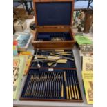 A WOODEN CASED PART CANTEEN OF CUTLERY, BOX AF