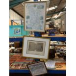 FRAMED PRINT OF A MAP OF OLD DERBYSHIRE, A CROSSSTITCH SAMPLER & FRAMED PRINT OF 176TH SIEGE