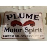 A METAL VINTAGE STYLE PLUME MOTOR SPIRIT SIGN 20 X 30CM