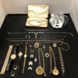 QUANTITY OF COSTUME JEWELLERY INCLUDING THREE WRIST WATCHES AND TWO GOLD PLATED GILT SILVER