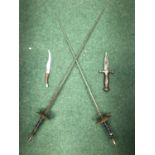 A BRASS HANDLED KNIFE, TWO SPANISH RAPIERS, AND ANOTHER KNIFE