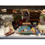 A COLLECTION OF VINTAGE BOOKS AND GAMES TO INCLUDE DOLLS DRESSER, BATTERY OPERATED TEDDY ARTIST