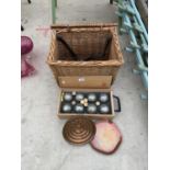 A WICKER HAMPER, SET OF BOULES ETC