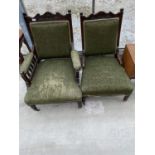 A VICTORIAN MAHOGANY UPHOLSTERED FIRESIDE CHAIR AND MATCHING LOW CHAIR