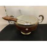 A WOODEN AND SILVER PLATE SALAD BOWL WITH MATCHING SERVERS