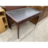 AN EDWARDIAN MAHOGANY AND INLAID THREE DRAWER SIDE TABLE, 42" WIDE