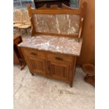 A VICTORIAN SATINWOOD MARBLE TOPPED WASHSTAND WITH MARBLE BACK, 36" WIDE