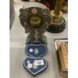 THREE ITEMS OF JASPERWARE TO INCLUDE GREEN AND WHITE MANTLE CLOCK WITH A DARK BLUE TRINKET BOX AND