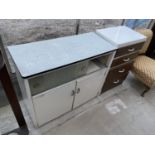 A 1950'S KITCHEN SIDE CABINET WITH CUPBOARDS AND SLIDING GLASS DOORS AND PAINTED FOUR DRAWER CHEST