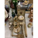 A VINTAGE DRESSING TABLE SET WITH GLASS AND SILVER SCENT BOTTLES AND VASE