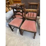 THREE OAK SPINDLE BACK DINING CHAIRS AND ONE LADDER BACK CHAIR